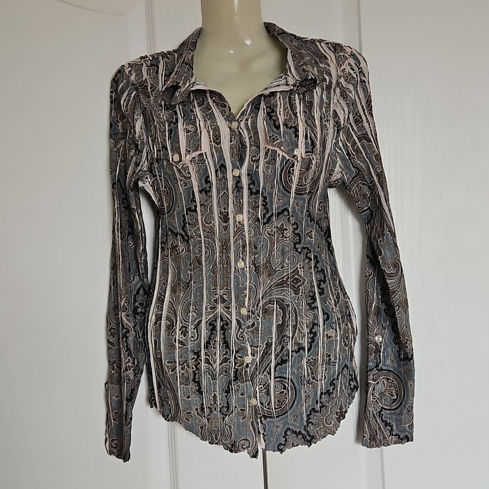 Komarov Pleated Button-Down Long Sleeves Shirt Small Blue/Cream